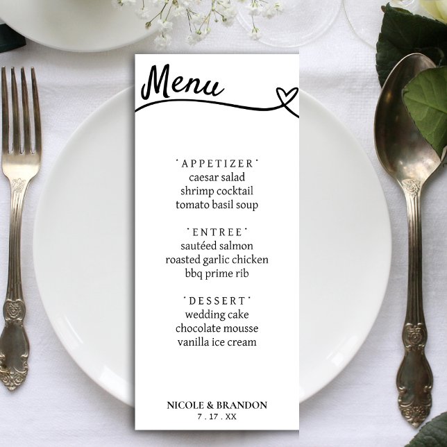 White & Black Couple Heart Wedding Reception Menu (White & Black Couple Heart Wedding Reception Menu)