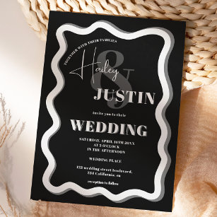 White black curve squiggle wavy wedding photo invitation