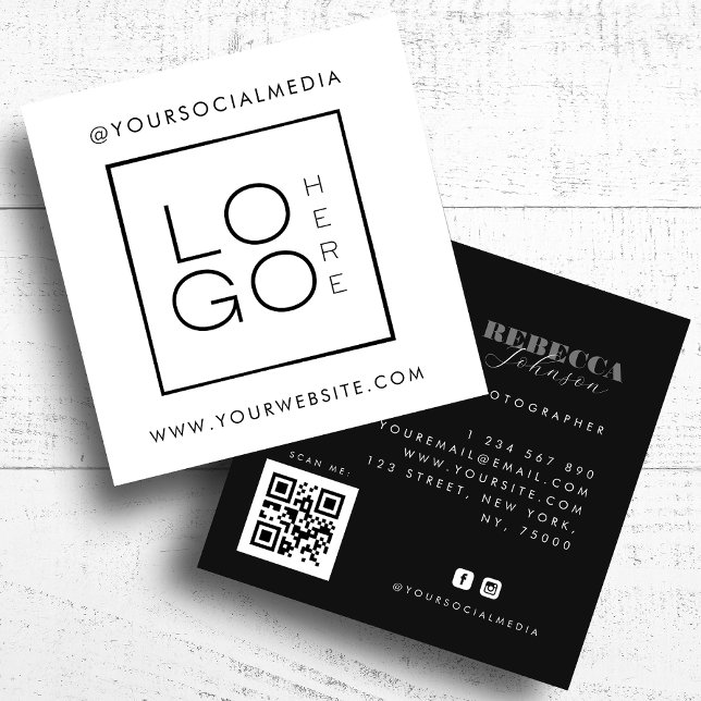 White Black Custom Logo Photo QR Code Social Media Square Business Card (Creator Uploaded)