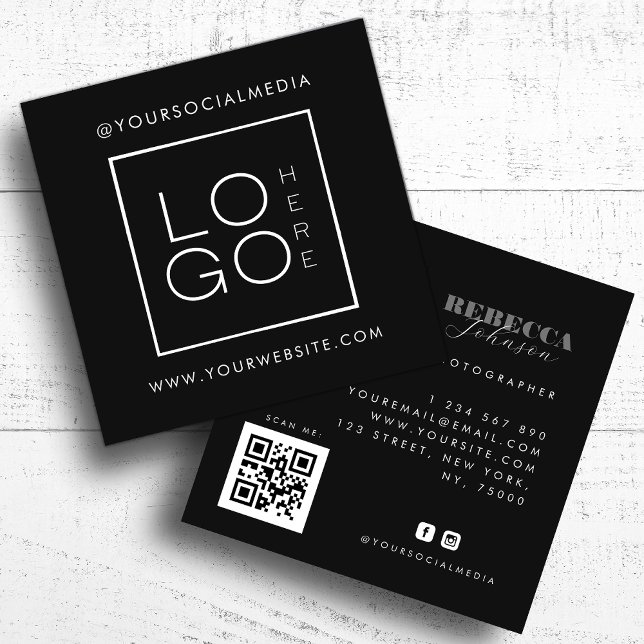 White Black Custom Logo Photo QR Code Social Media Square Business Card (Creator Uploaded)