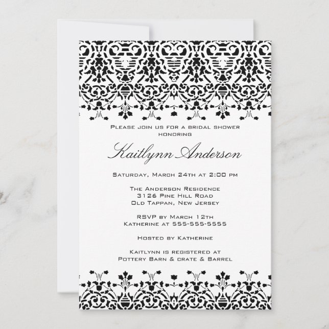 White & Black Damask Bridal Shower Invitation (Front)