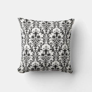 White & Black Damask Floral Swirls 4 Cushion