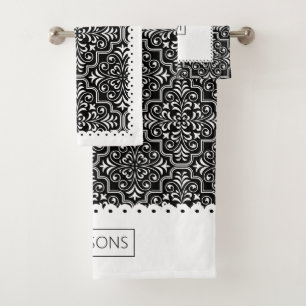 White black damask pattern white scalloped borders bath towel set