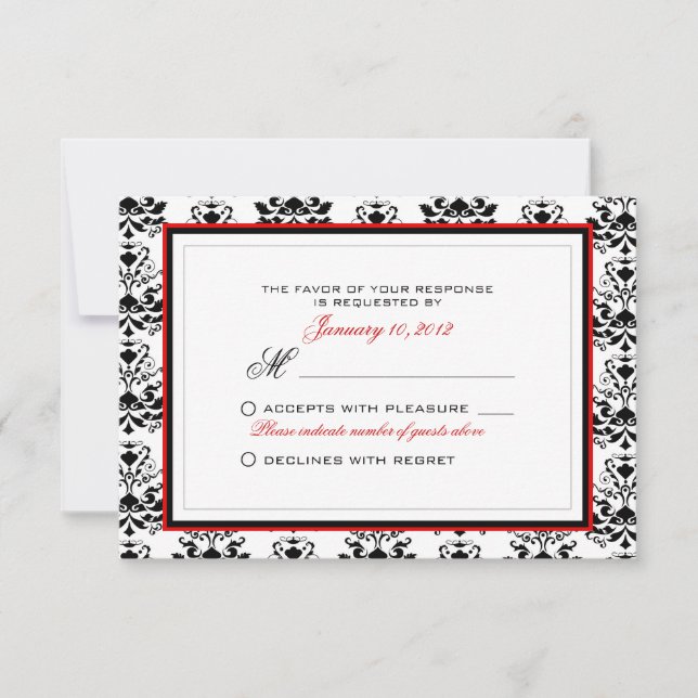 White & Black Damask Red Accent RSVP Custom (Front)