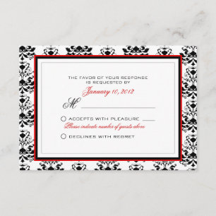White & Black Damask Red Accent RSVP Custom Card