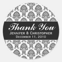 White & Black Damask Round Wedding Labels