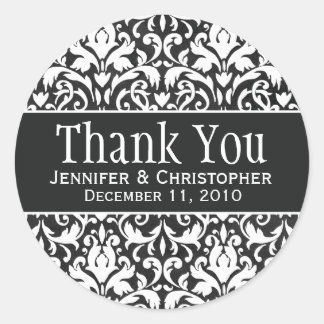White & Black Damask Round Wedding Labels