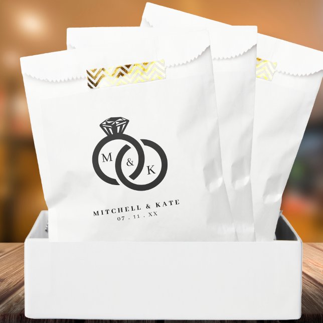 White & Black Diamond Ring Monogram Wedding Favour Bags (White & Black Diamond Ring Monogram Wedding Favor Bag)