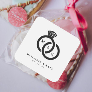 White & Black Diamond Ring Monogram Wedding Square Sticker
