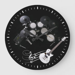 white black drums and guitar wall clock