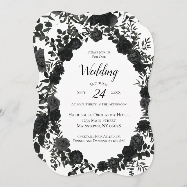 White Black Elegant Rose Gothic Wedding Invitation (Front/Back)