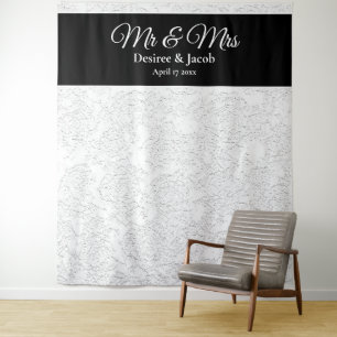 White Black Elegant Wedding Photo Booth Backdrop Tapestry