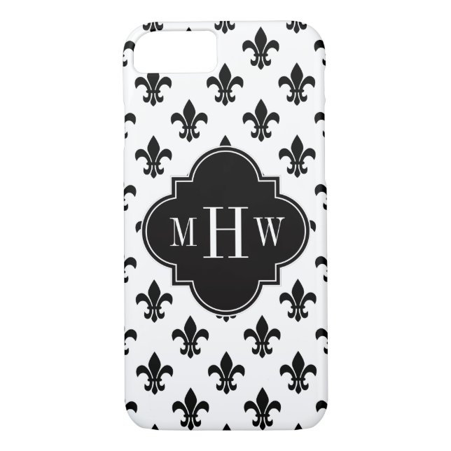 White Black Fleur de Lis Black 3 Initial Monogram Case-Mate iPhone Case (Back)