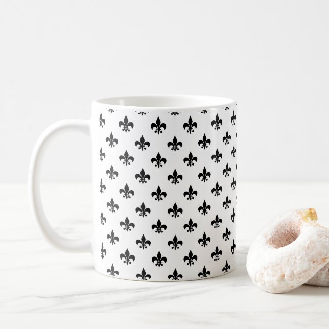 White Black Fleur De Lis Delicate Mardi Gras Coffee Mug (With Donut)