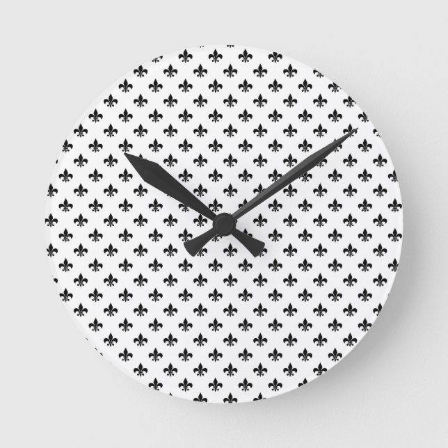 White Black Fleur De Lis Delicate Mardi Gras Round Clock (Front)