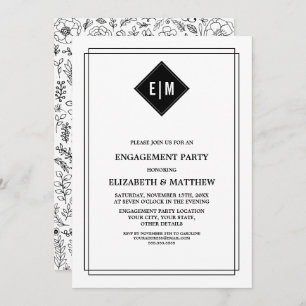 White   Black Floral Engagement Party Invitation