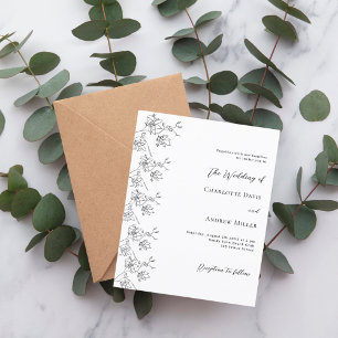 White black floral formal wedding invitation