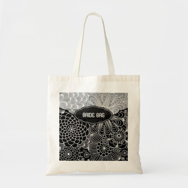 White & Black Floral Line Shading Pattern-Monogram Tote Bag (Front)
