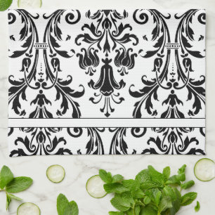 White Black Floral Swirl Damask Monogram Tea Towel