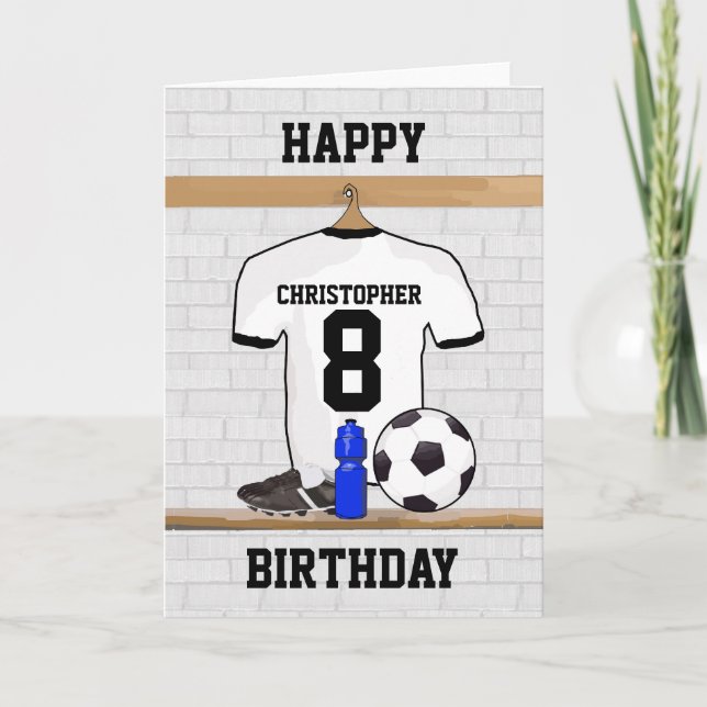 White Black Football Soccer Jersey Happy Birthday Card (Front)