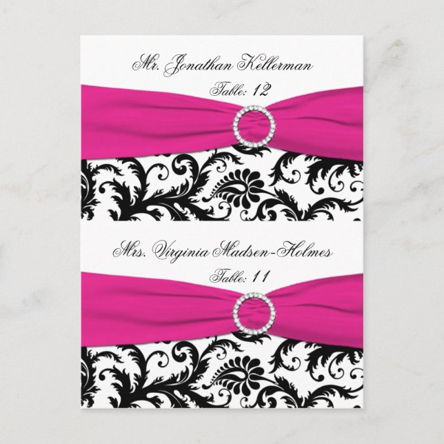 White, Black, Fuchsia Damask Pre-print Placecards Postcard (Front)