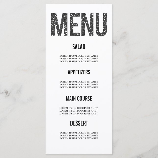 White & Black Glitter Typography Wedding Menu Card (Front)