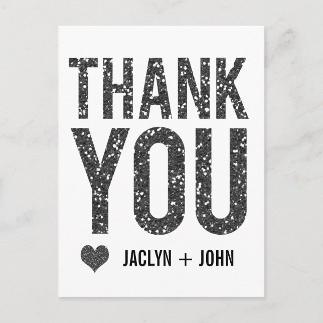 White & Black Glitter Wedding Thank You Postcard (Front)