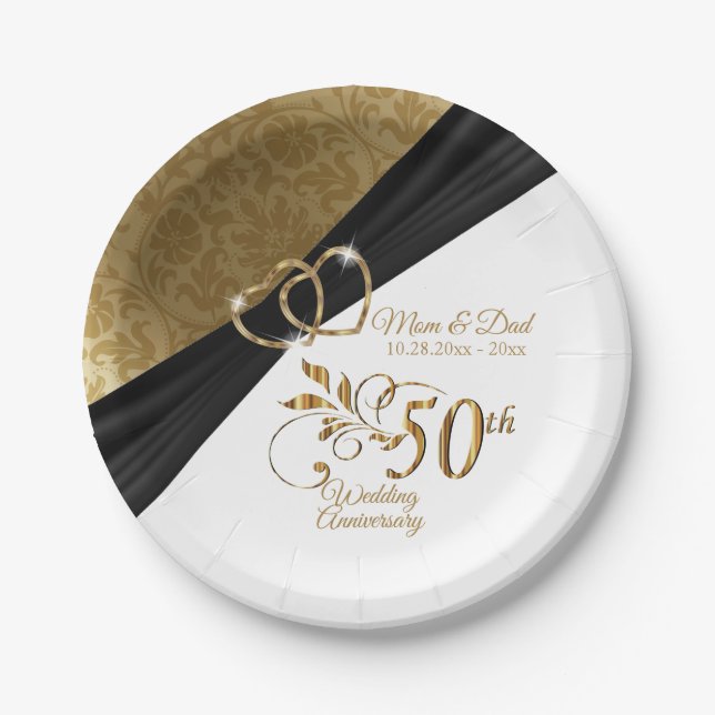 White, Black & Gold 50th Golden Anniversary Paper Plate (Front)