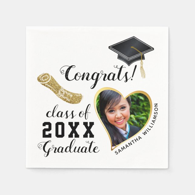 White Black Gold Class of 2025 Graduate Graduation Napkin (Front)