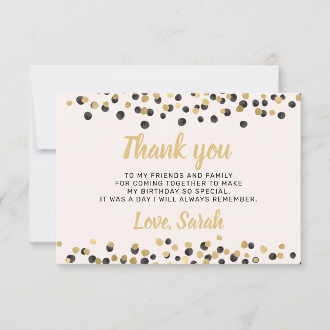 White Black Gold Confetti Birthday Thank You (Front)