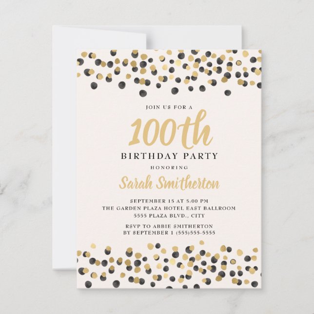 White Black Gold Confetti Glitter 100th Birthday Invitation (Front)