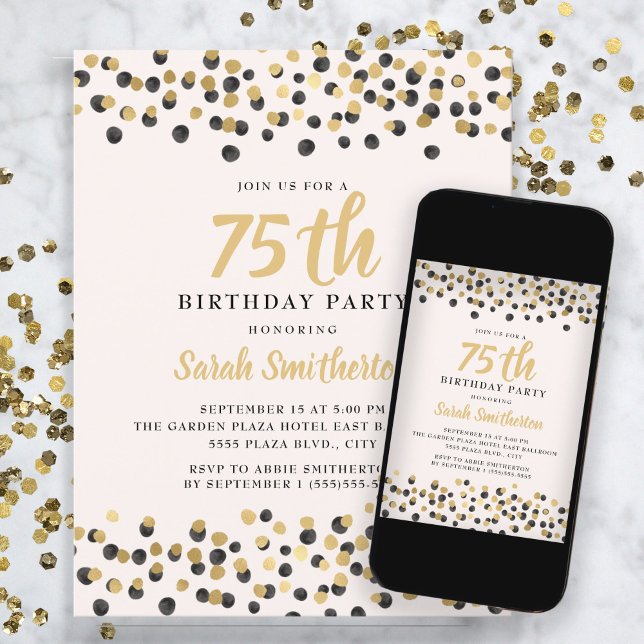 White Black Gold Confetti Glitter 75th Birthday Invitation (Creator Uploaded)