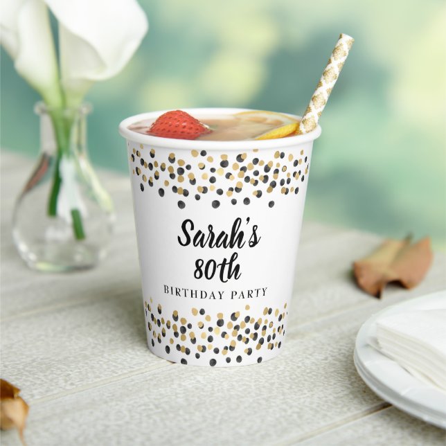 White Black Gold Confetti Glitter 80th Birthday Paper Cups (Insitu)