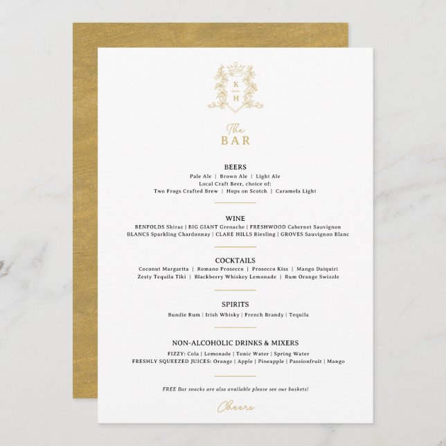 White black gold crown crest monogram wedding bar menu (Front/Back)