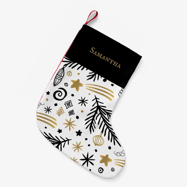 White black gold doodle pine with name  festive small christmas stocking (Front (Hanging))