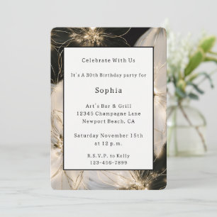 White Black Gold Flowers Birthday Invitation