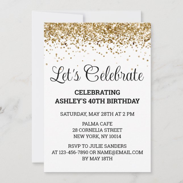 White Black Gold Glitter 40th Birthday Party Forty Invitation (Front)