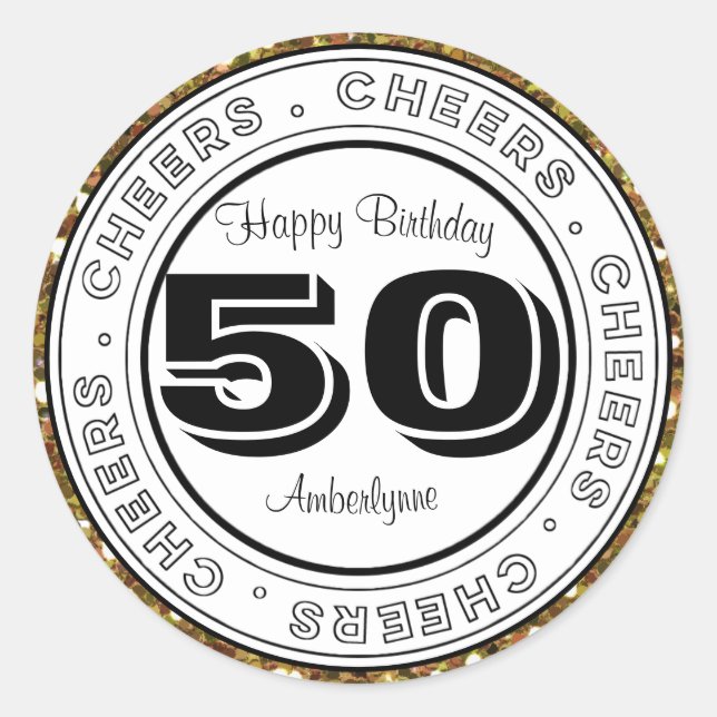 White Black Gold Glitter 50th Birthday Classic Round Sticker (Front)