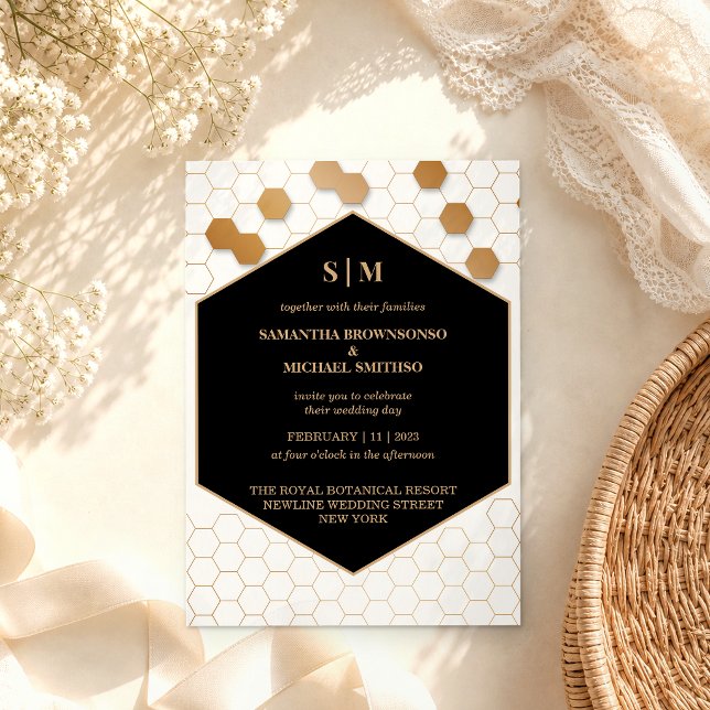 White Black Gold Honeycomb Wedding Invitation (Creator Uploaded)