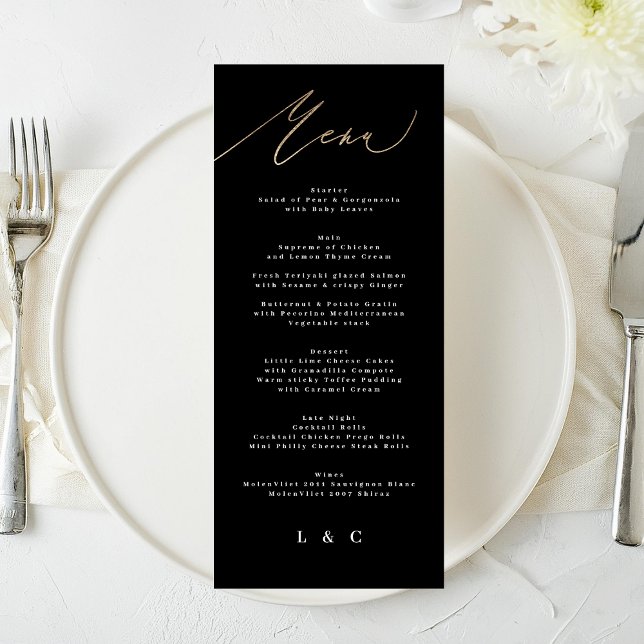 White Black Gold Modern Calligraphy Wedding Menu (Creator Uploaded)