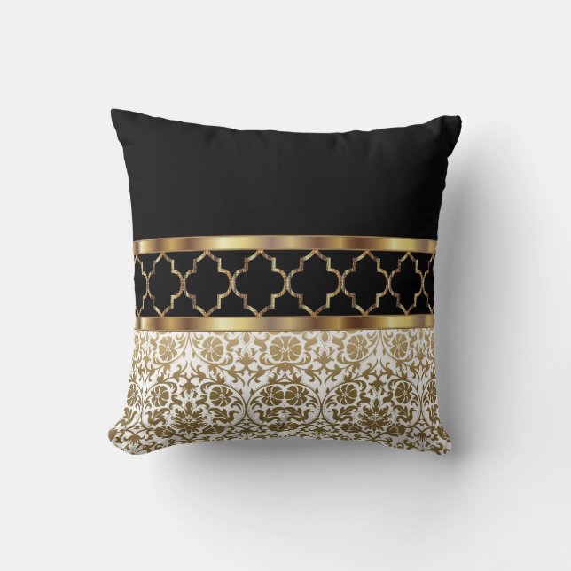 White, Black & Gold Quatrefoil & Damask Pattern Cushion (Front)
