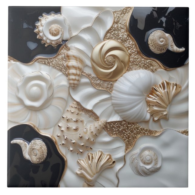 White Black Gold Seashells 3D Effect Tile (Front)
