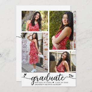 White Black Graduation 4 Photo Calligraphy Hearts Announcement