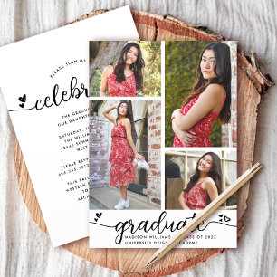 White Black Graduation 4 Photo Calligraphy Hearts Invitation