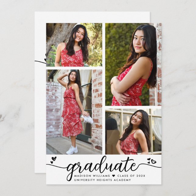 White Black Graduation 4 Photo Calligraphy Hearts Invitation (Front/Back)