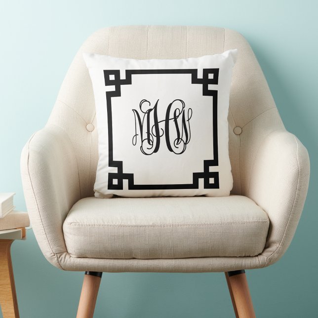 White Black Greek Key Vine Script Monogram DIY BG Cushion (Creator Uploaded)