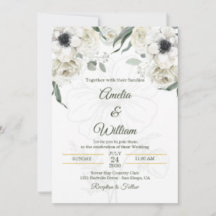 White Black Green Elegant Anemone Wedding Invitation