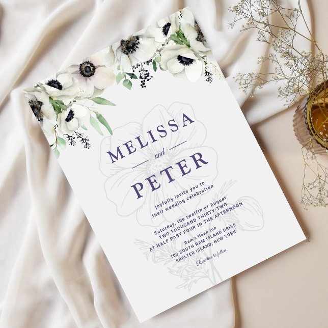White Black Green Elegant Anemone Wedding Invitation (Creator Uploaded)