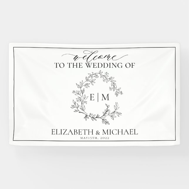 White Black Green Leafy Crest Monogram Wedding Banner (Horizontal)