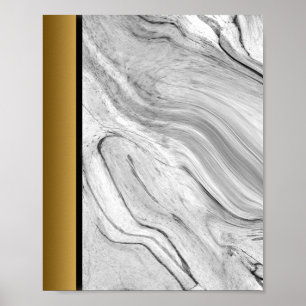 White Black Grey Marble / Black Gold Border Art  Poster